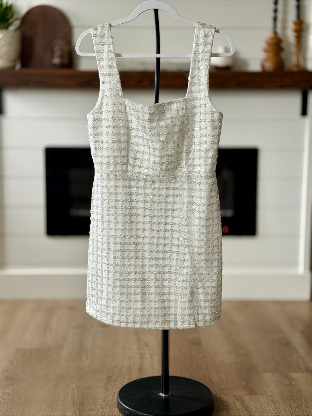 Altar'd State White Sequin and Pearl Mini Dress
